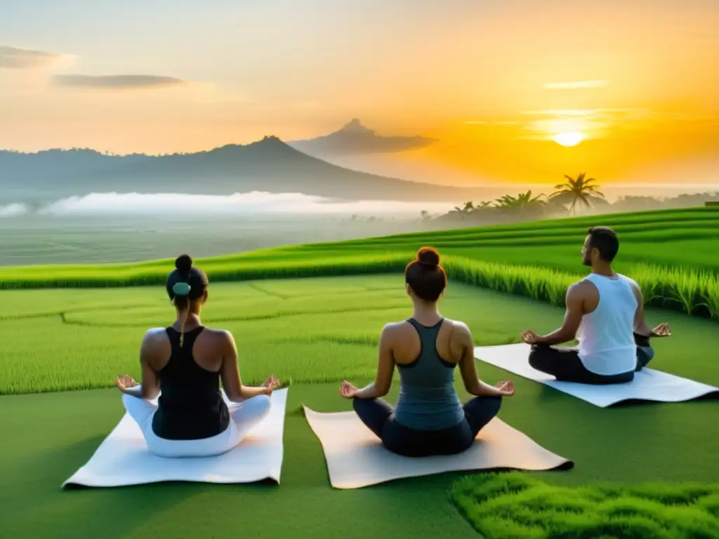 Grupo en retiro de bienestar en Bali practicando yoga al atardecer sobre un campo de arroz