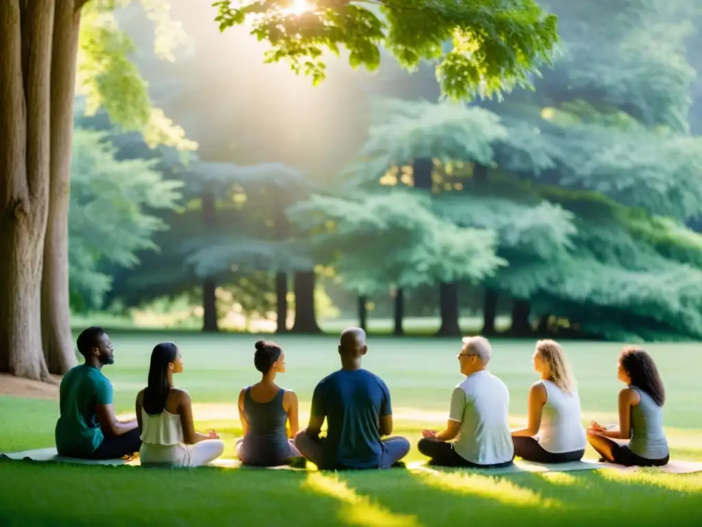 Grupo en retiro de respiración consciente en prado verde, guiados por instructor en armonía con la naturaleza