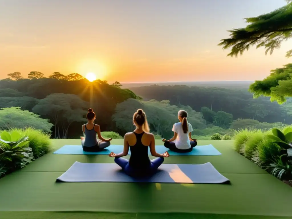 'Grupo en retiros de yoga y meditación al amanecer, practicando poses en plataforma al aire libre entre naturaleza exuberante al amanecer'