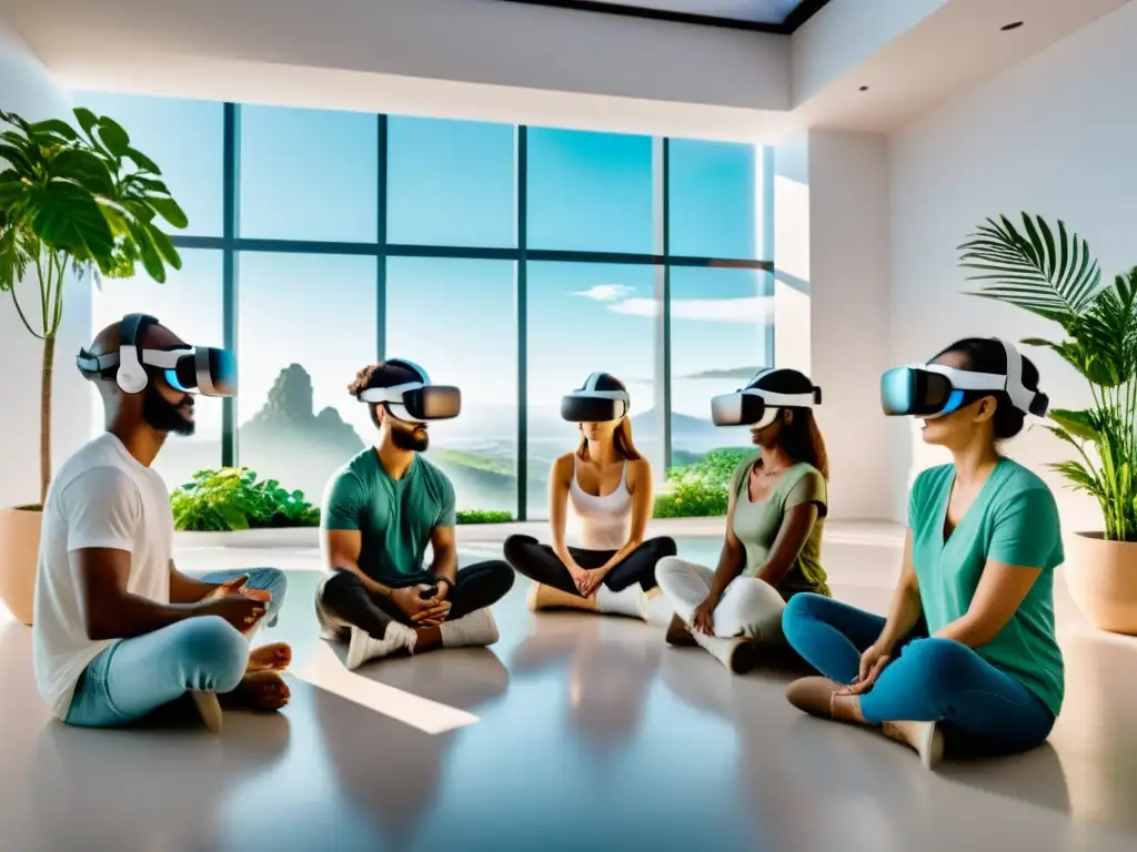 Grupo en sala futurista usando VR para mejorar respiración, inmersos en escenas naturales