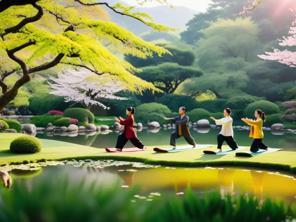 Un grupo practica Qi Gong en un jardín sereno y exuberante, bañado por el cálido sol matutino