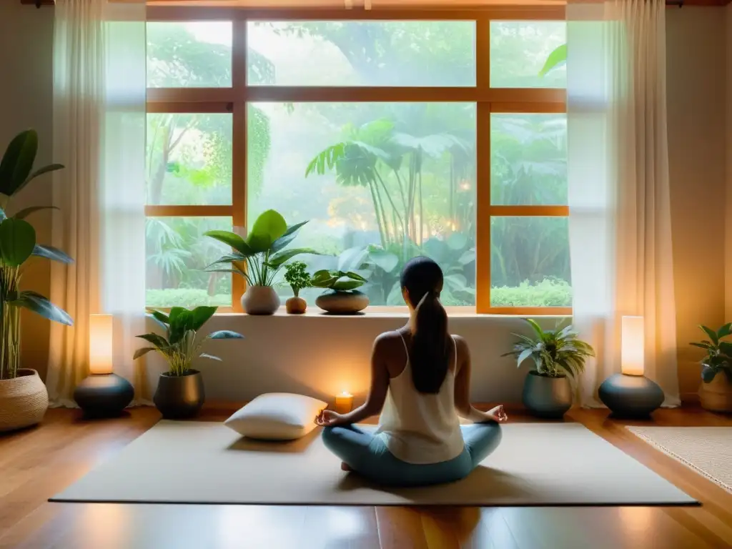 Grupo meditando en un taller de respiración y atención plena, en un espacio tranquilo y acogedor con grandes ventanas y decoración calmante