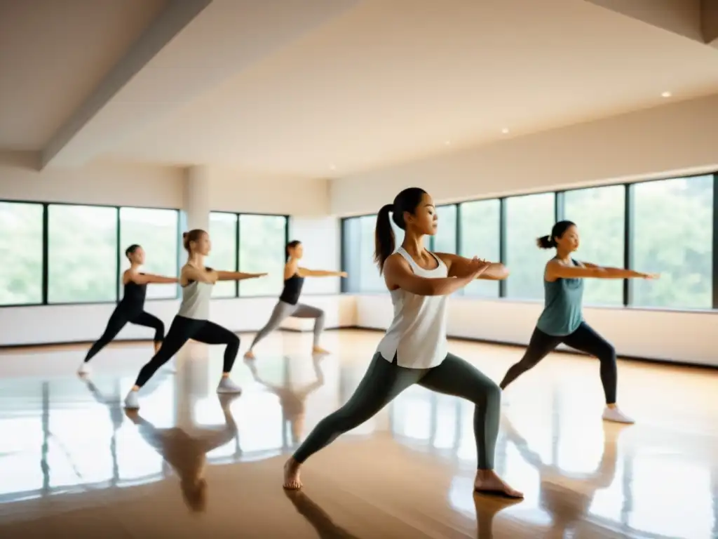 Grupo practicando técnicas de respiración Qi Gong en un estudio moderno iluminado por luz natural suave