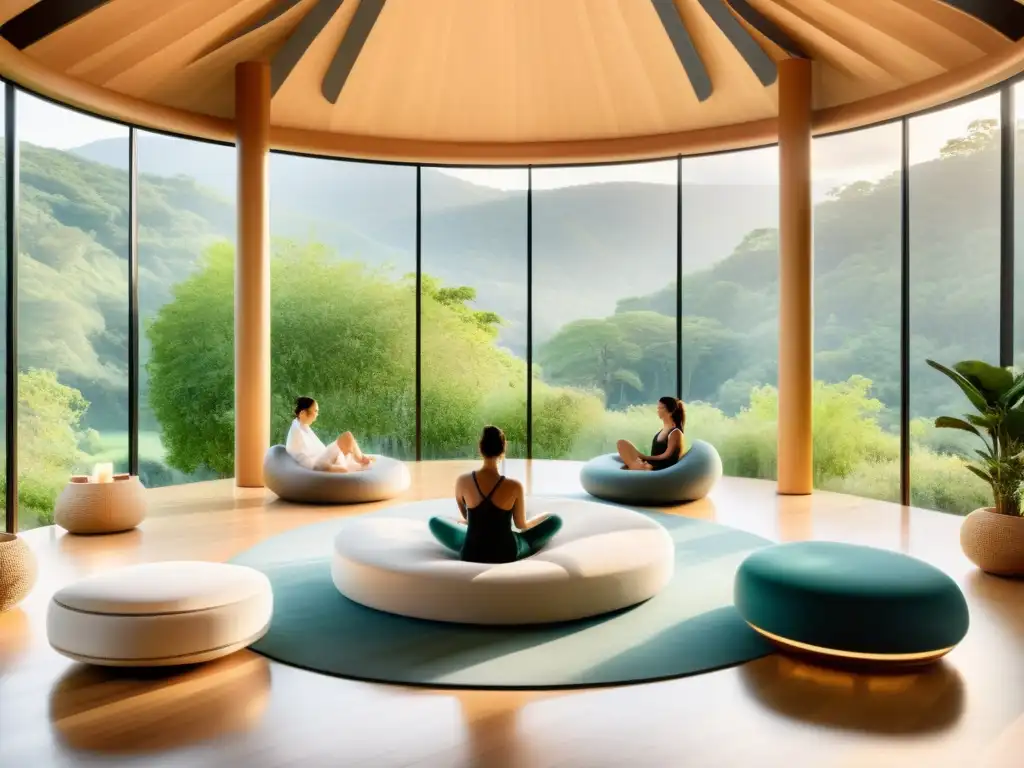 Grupo practicando técnicas de respiración consciente en un spa moderno con vista panorámica a la naturaleza