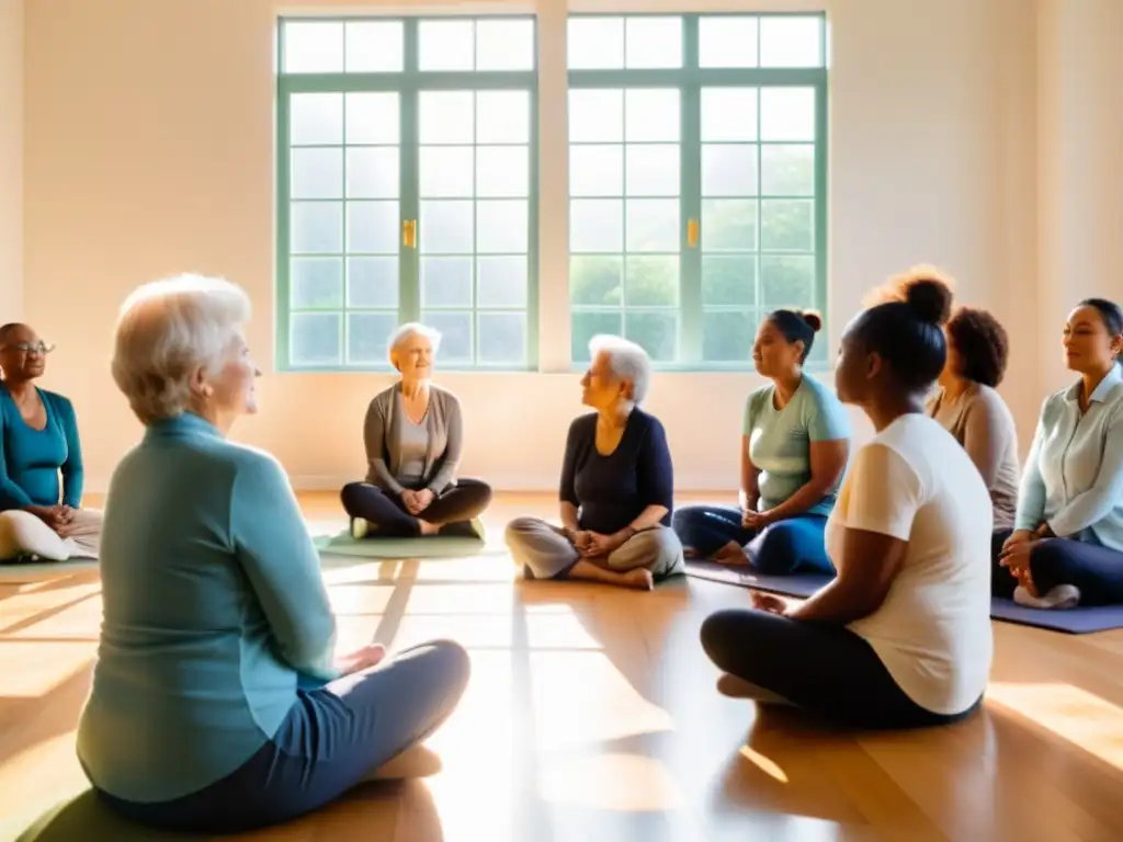 Grupo de la tercera edad practicando respiración consciente en una sala luminosa y tranquila, guiados por un facilitador