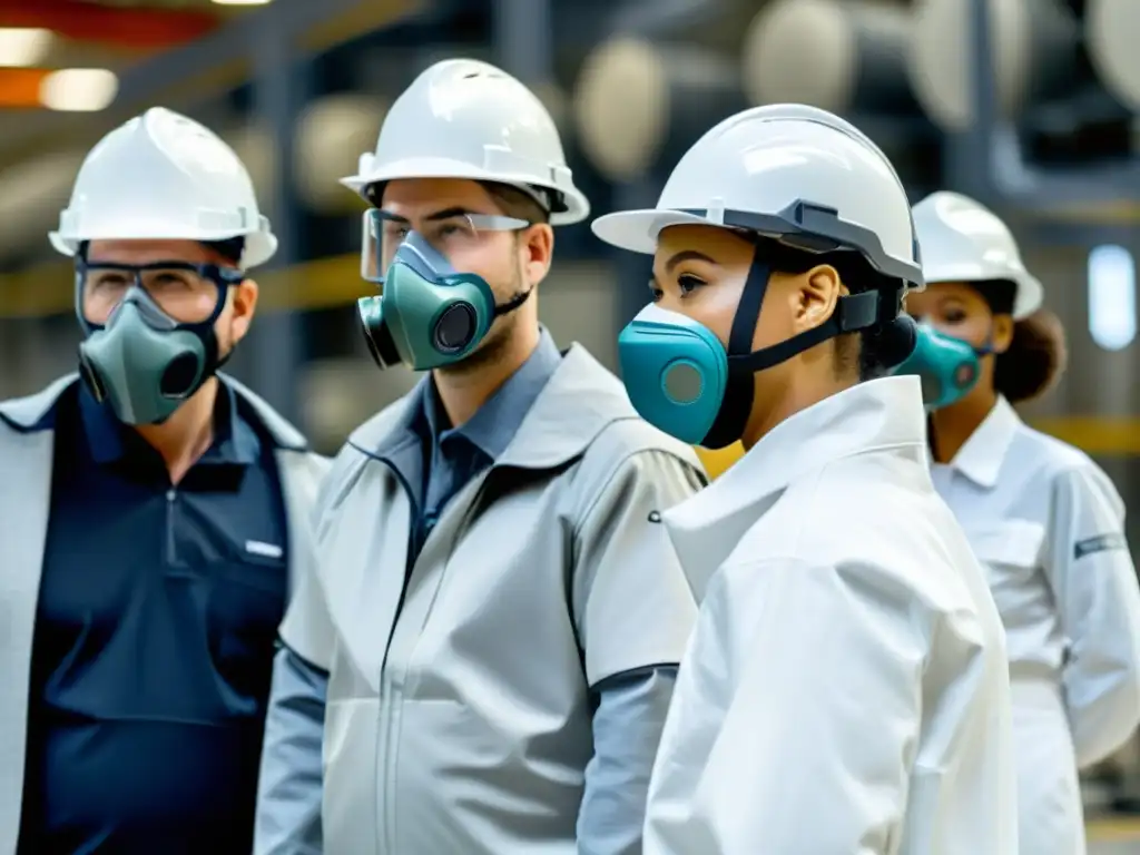 Un grupo de trabajadores industriales usando modernos y elegantes respiradores y equipo de protección en una fábrica limpia y bien iluminada