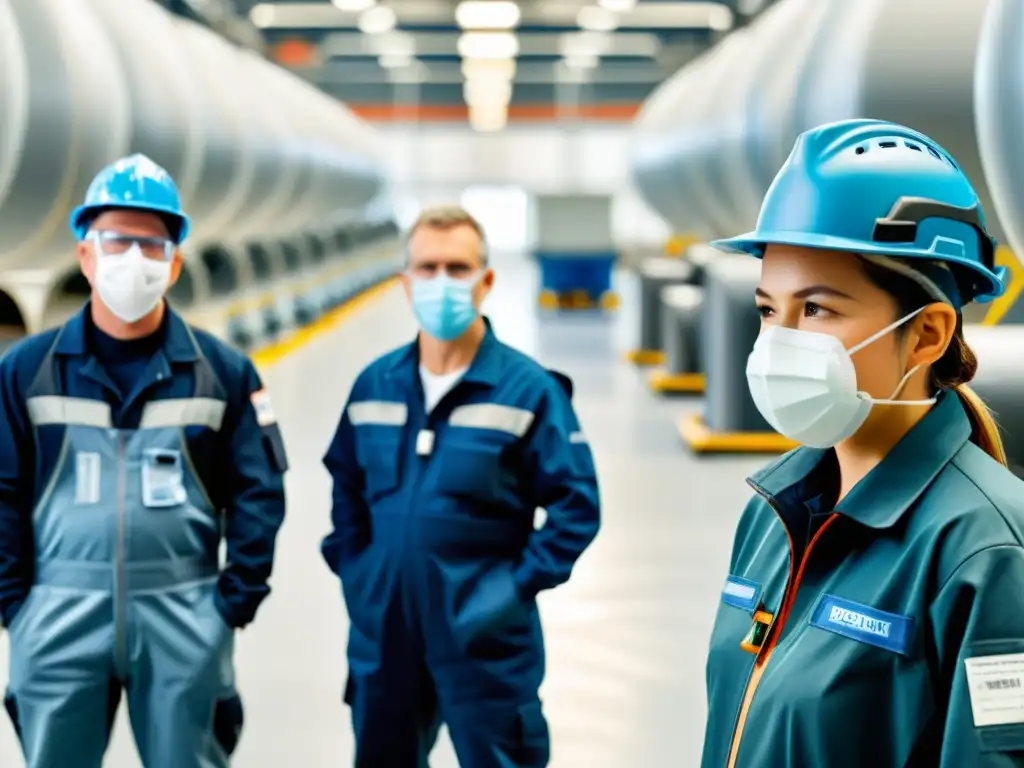 Grupo de trabajadores industriales con soluciones de protección respiratoria en una planta, resaltando la importancia de la seguridad en la industria