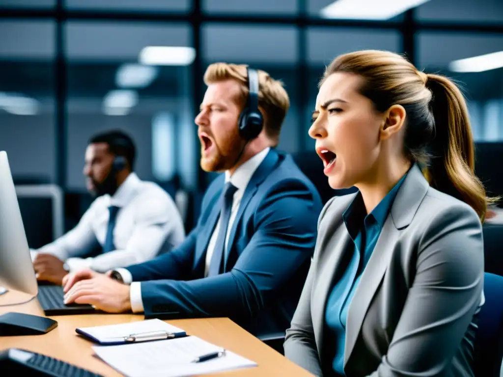 Grupo de trabajadores de oficina fatigados y desmotivados en un entorno laboral con poca energía y relación oxigenación energía laboral