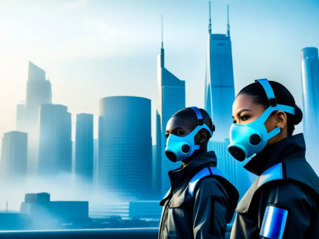 Un grupo con trajes futuristas y máscaras de alta tecnología en una ciudad contaminada