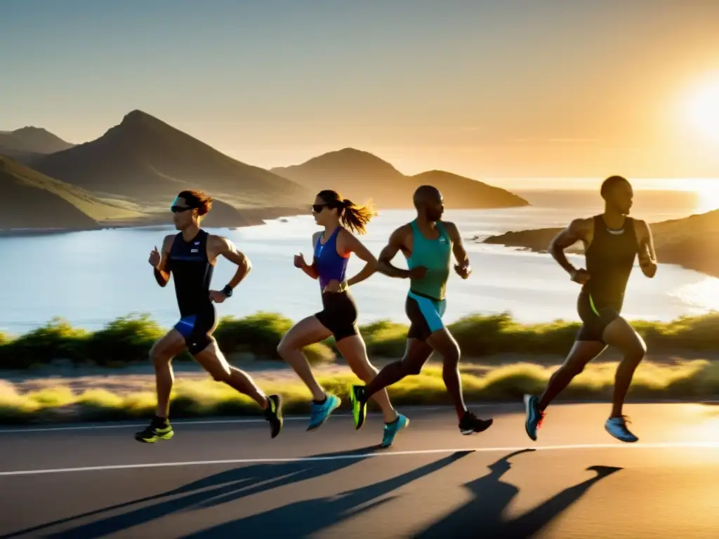 Grupo de triatletas corriendo al amanecer junto al mar, mostrando determinación y resistencia