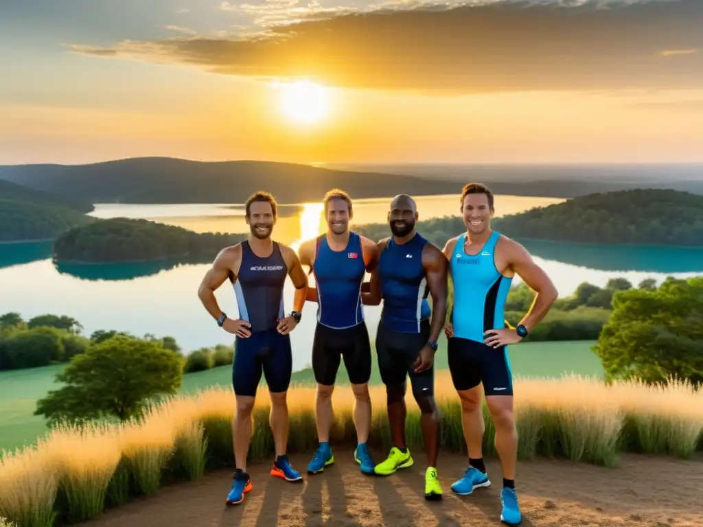 Un grupo de triatletas en ropa deportiva moderna toma respiraciones profundas en un escenario impresionante al atardecer