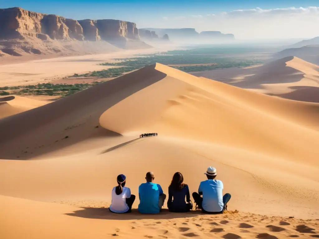 Un grupo de turistas practica la respiración consciente en el impresionante desierto de Jordania, creando una atmósfera de calma y bienestar