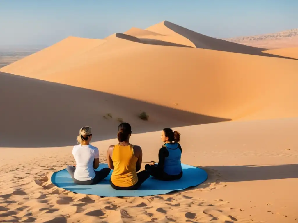 Grupo de turistas practicando respiración consciente en el sereno desierto de Jordania, integrando bienestar y turismo