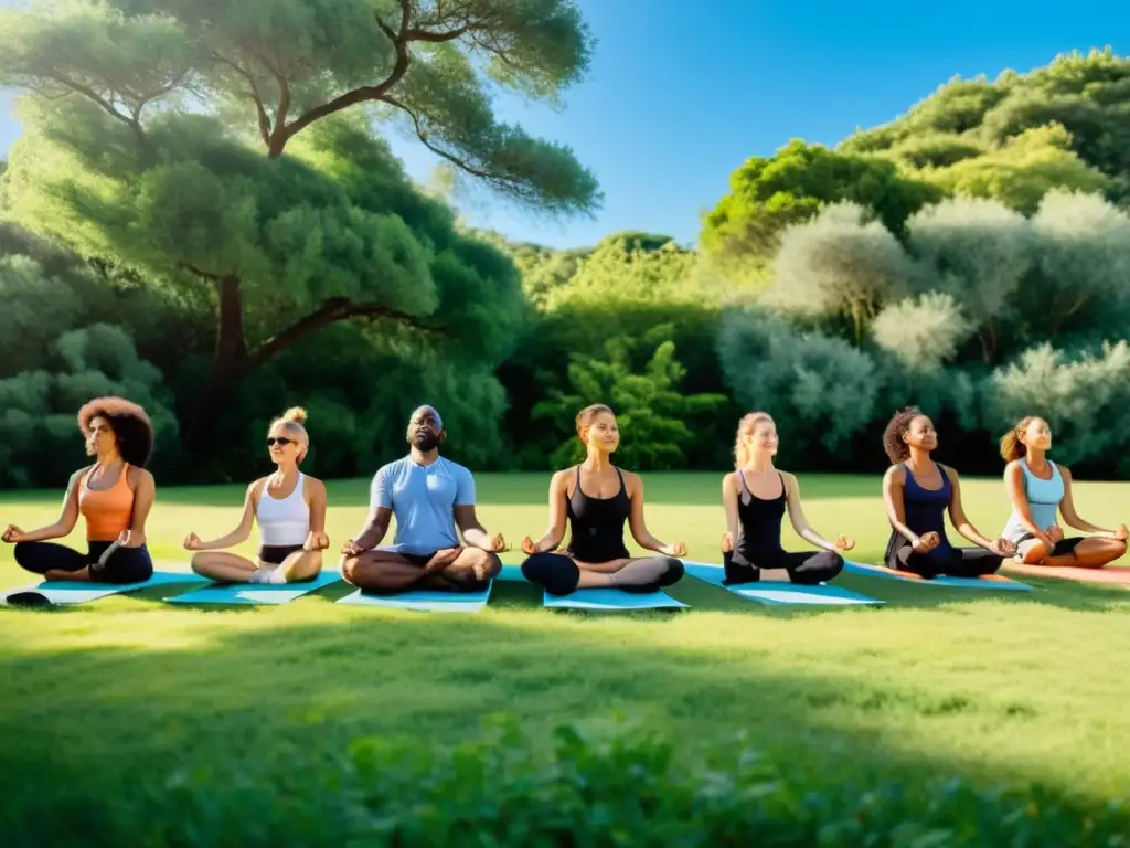 Grupo variado practica yoga al aire libre en un entorno natural sereno