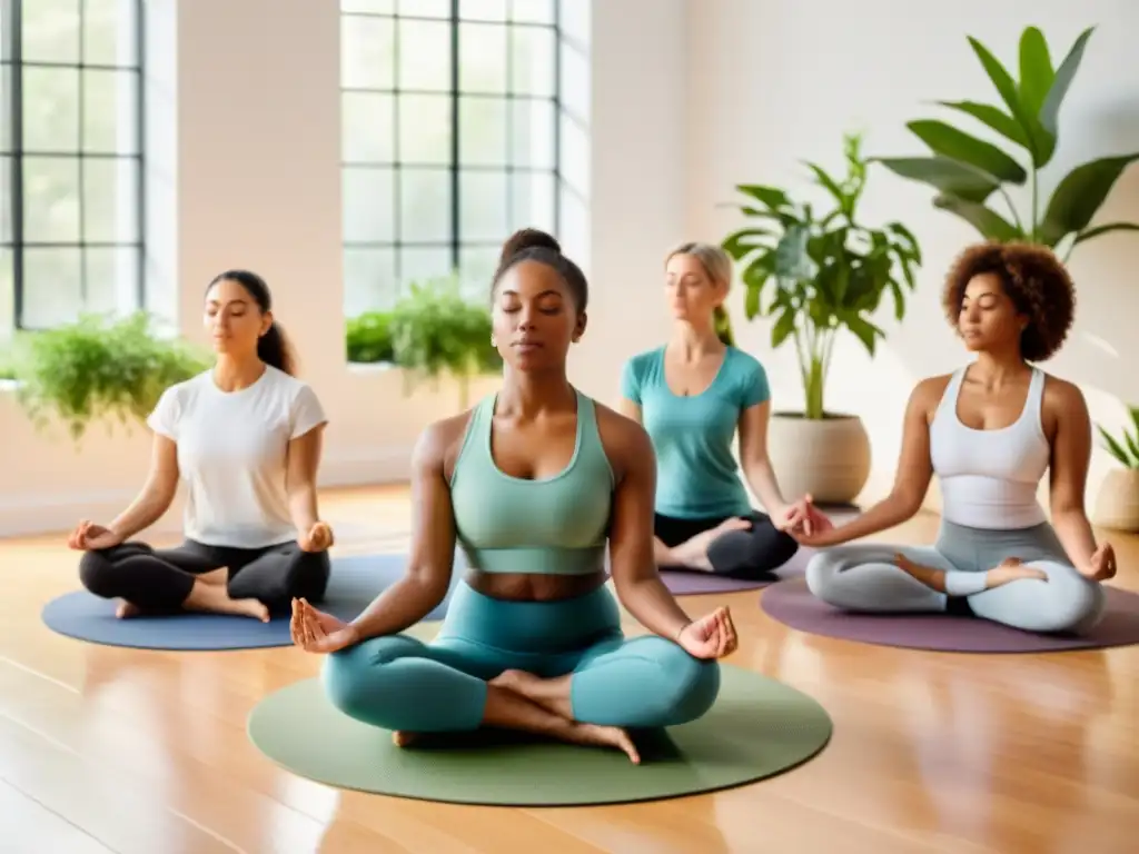 Grupo variado de estudiantes adultos practicando meditación consciente en un estudio luminoso