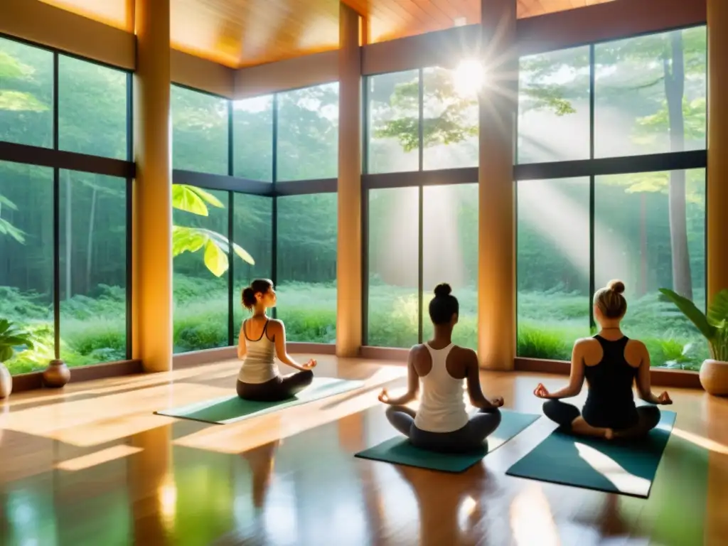 Grupo variado practica pranayama en estudio de yoga con vista al bosque, transmitiendo energía vital y serenidad