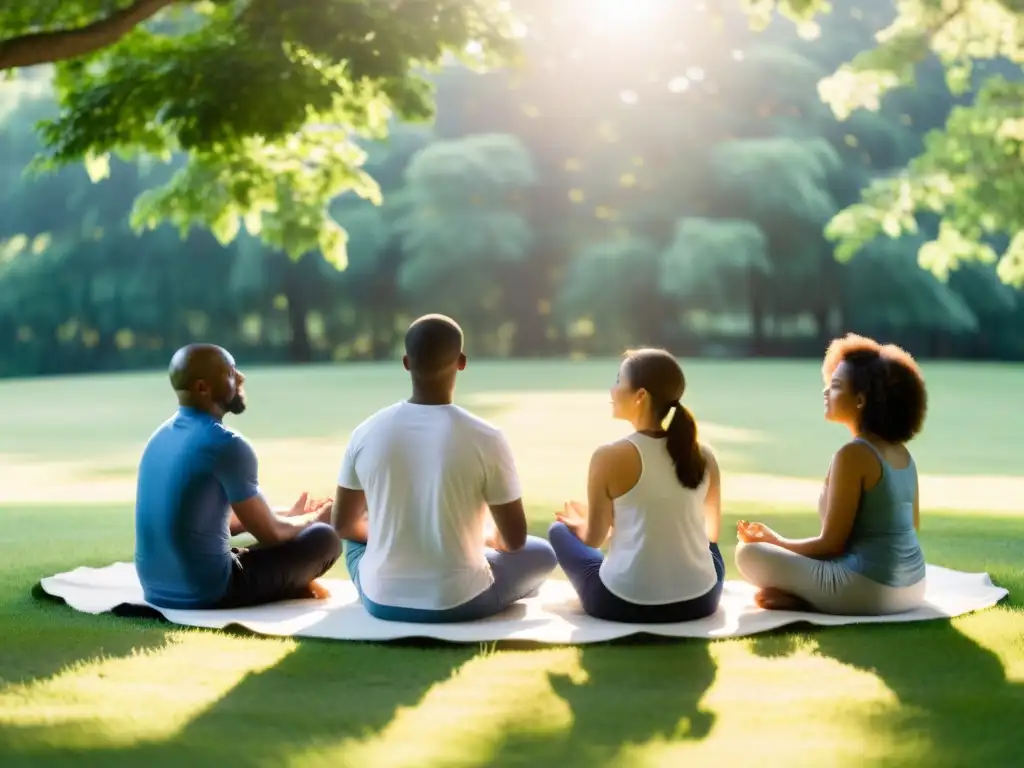 Un grupo variado de personas practica respiración consciente en un círculo en un campo soleado