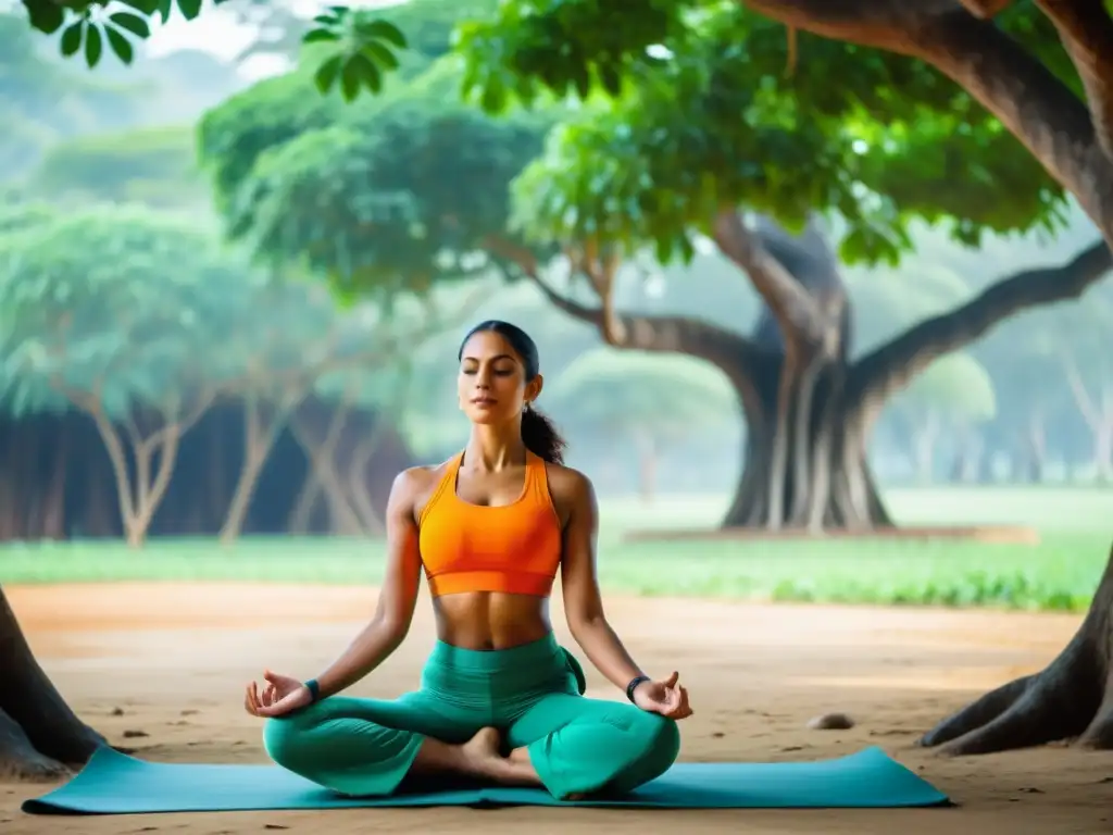 Grupo practicando yoga bajo un árbol banyan en retiro en India