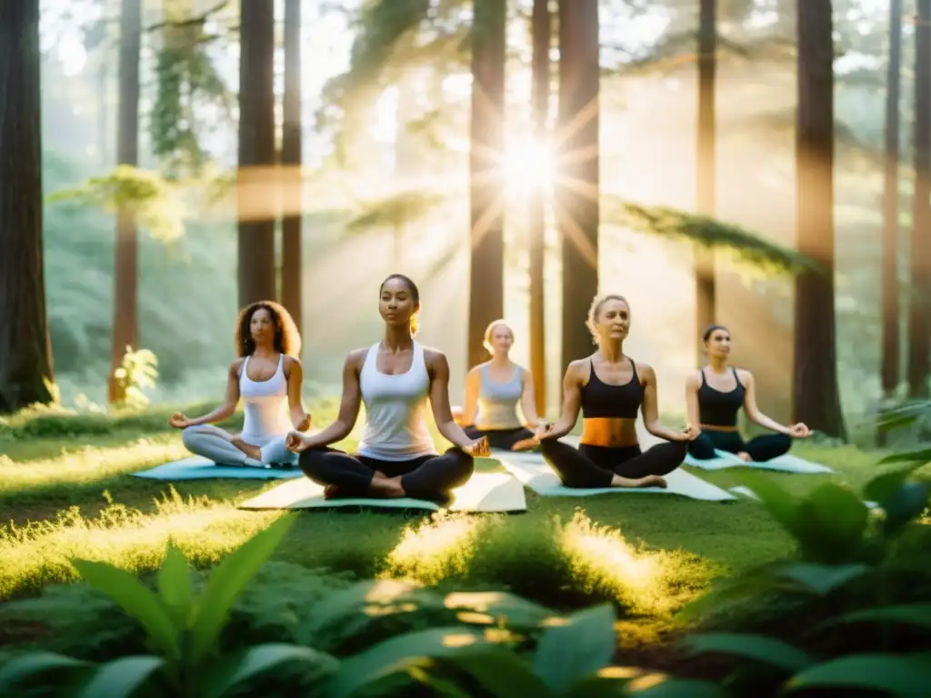 Un grupo practicando yoga en un bosque tranquilo con un cálido resplandor dorado