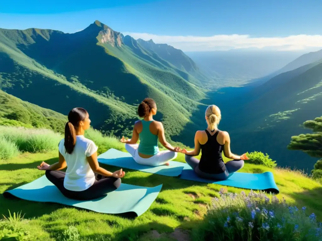 Un grupo de yoguis practicando yoga en la cima de una montaña, con cielos despejados y naturaleza exuberante