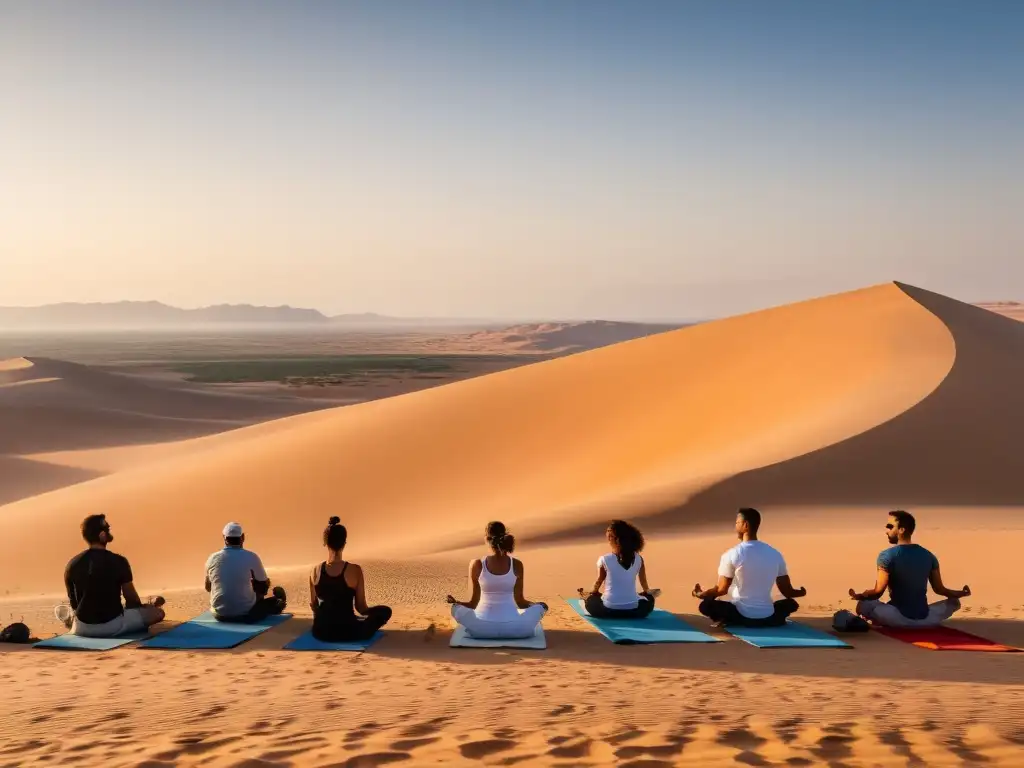 Grupo practicando yoga en el desierto de Jordania, fusionando respiración consciente, turismo de salud y naturaleza