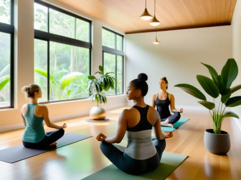 Grupo practicando yoga en un estudio moderno con plantas verdes