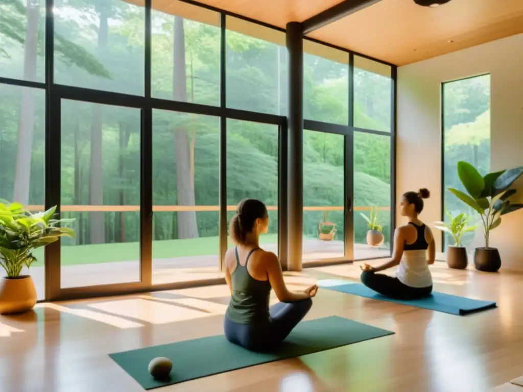 Grupo practicando yoga en un estudio con vista a un bosque, evolucionando la respiración en yoga