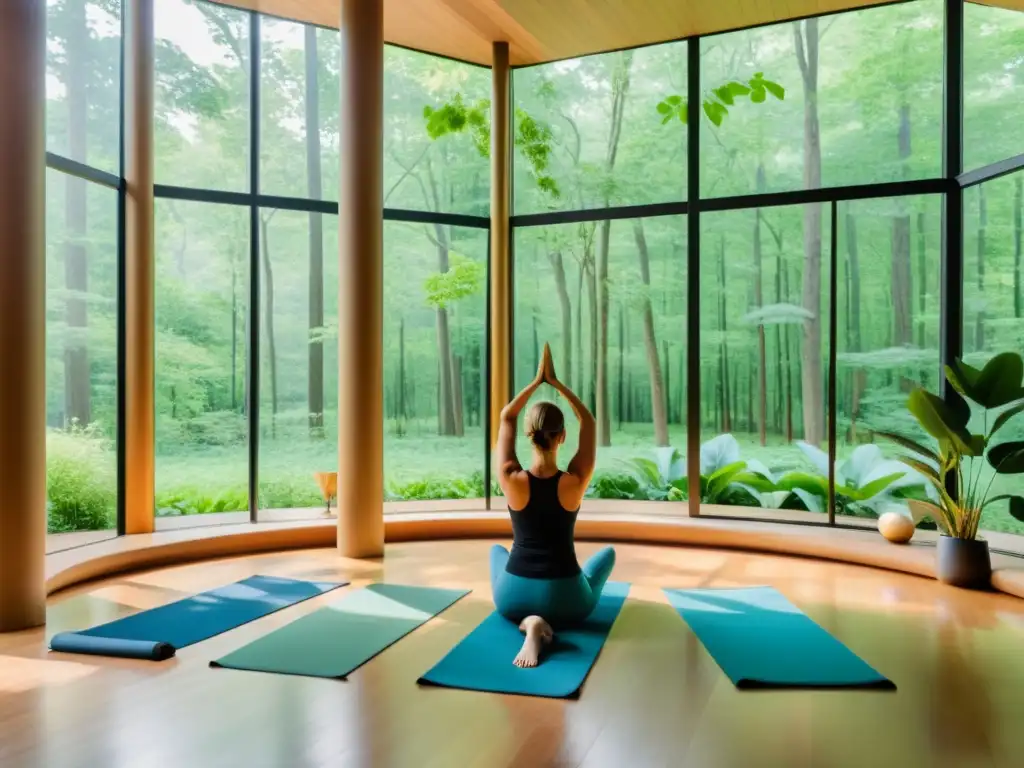 Grupo practicando yoga en un estudio con vista a un bosque, colores tranquilos y enfoque en la evolución de la respiración en yoga