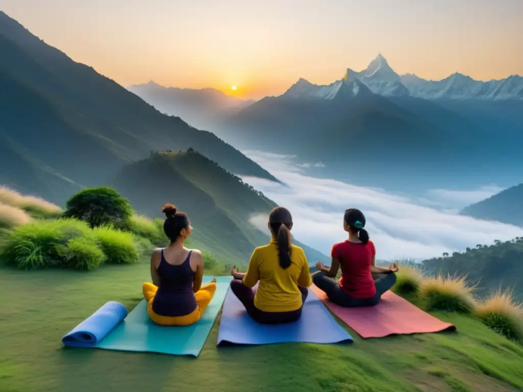 Grupo de yoguis practicando yoga al amanecer en el Himalaya indio, entre la neblina