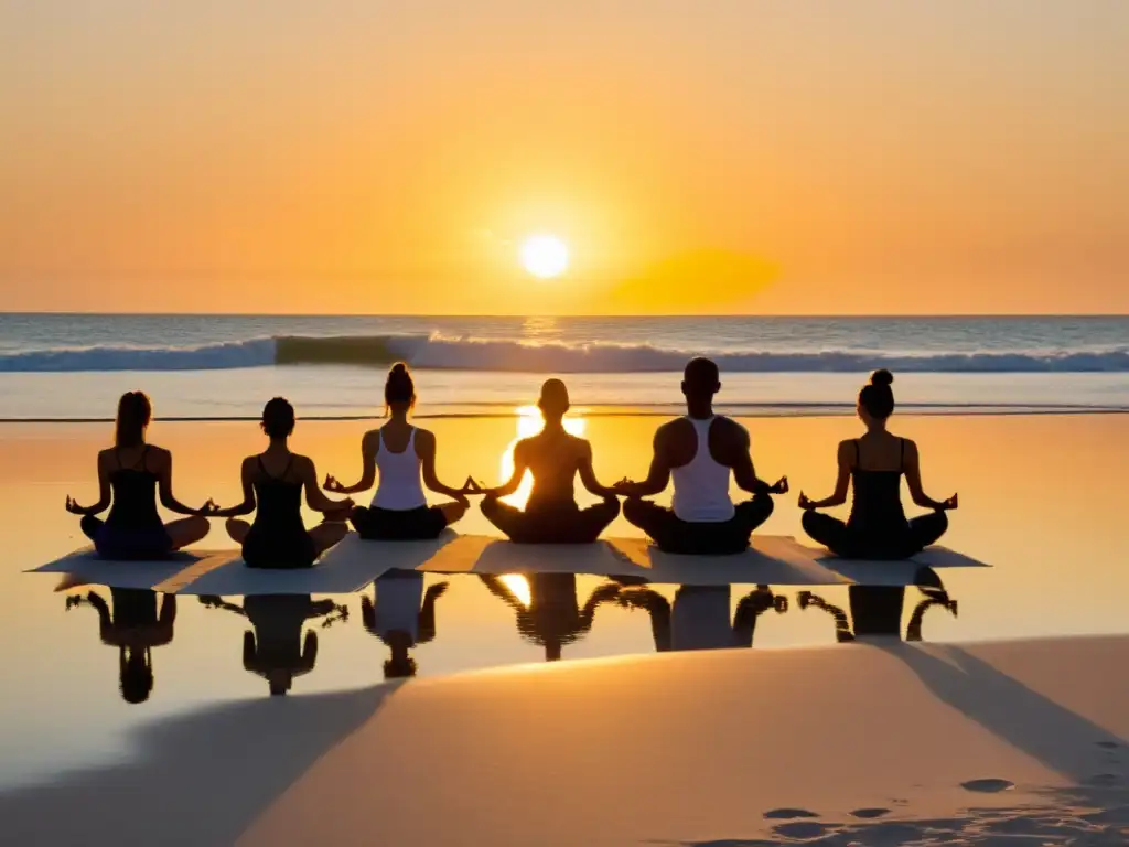 Grupo practicando yoga al amanecer en una playa prístina