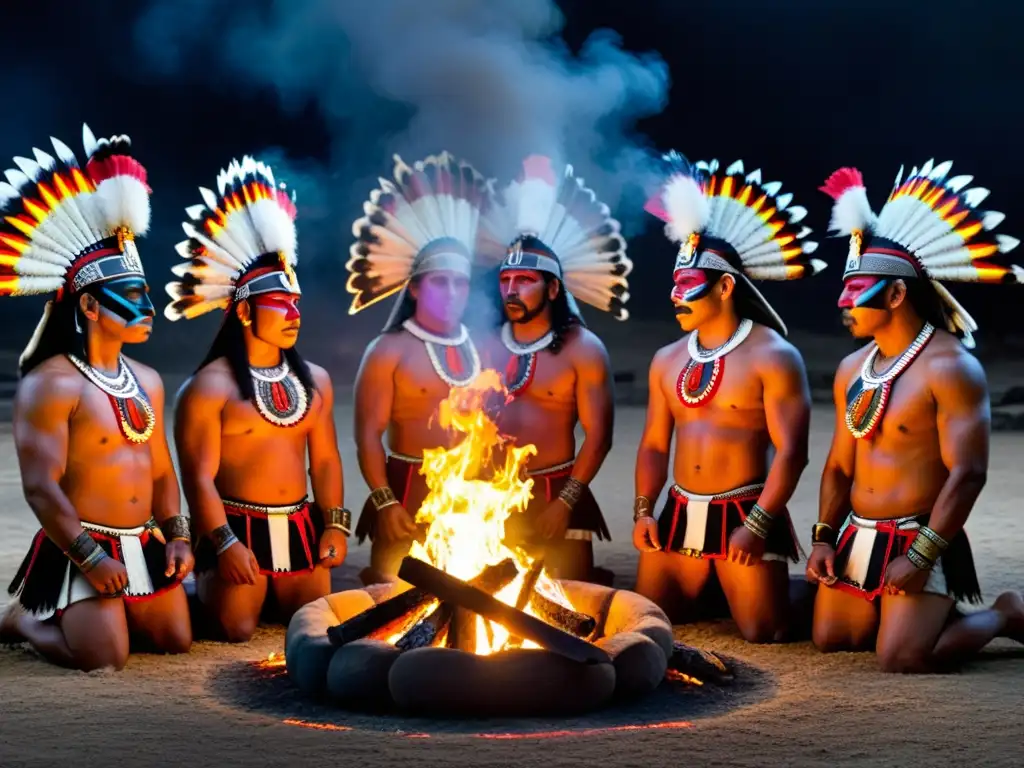 Guerreros aztecas realizan la antigua técnica del aliento, capturando su conexión espiritual en una ceremonia nocturna