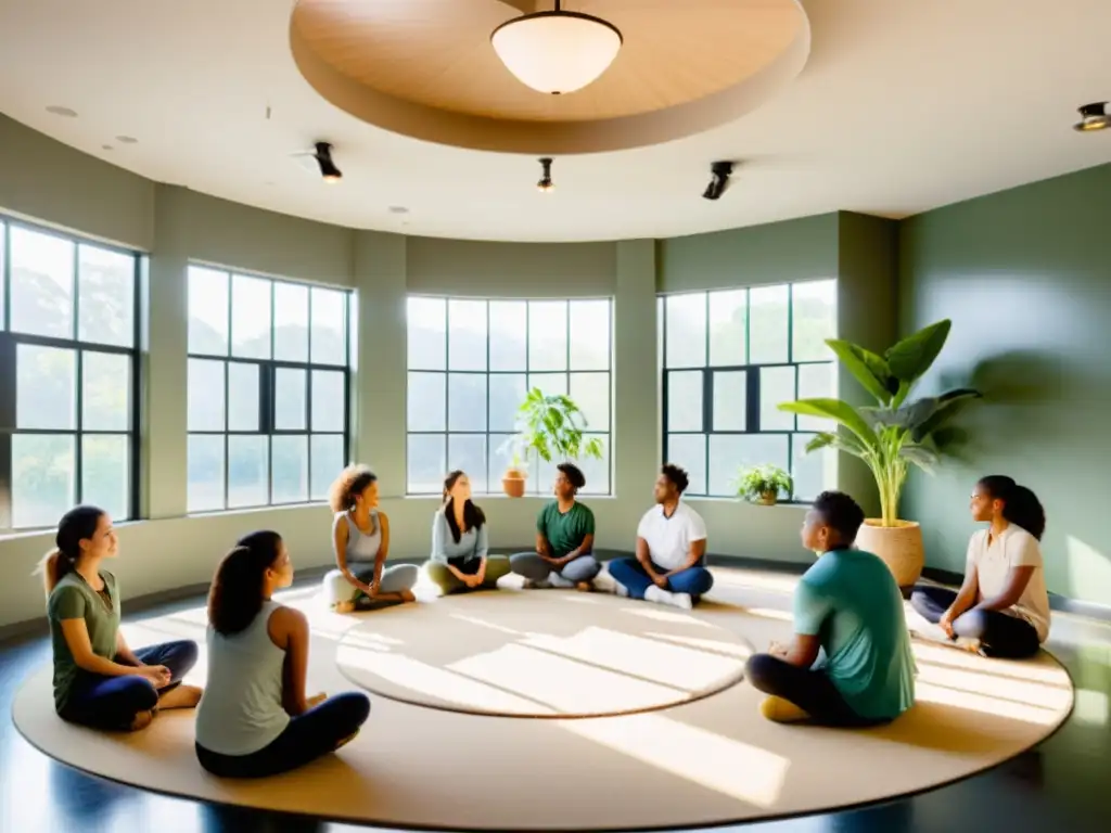 Una guía completa para diseñar cursos: Instructor guía a estudiantes en ejercicio de respiración en aula serena con luz natural y decoración acogedora
