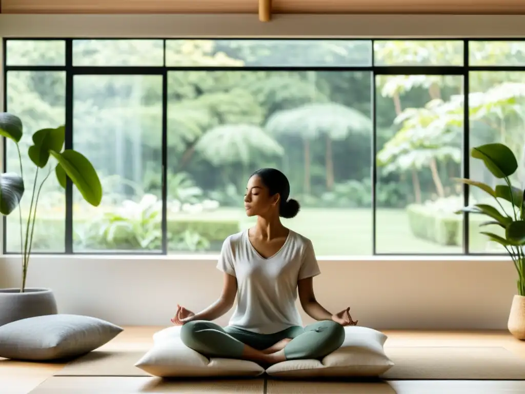 Meditación guiada en una sala minimalista con luz natural