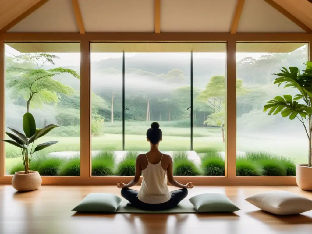 Una habitación de meditación moderna y tranquila con vistas a un paisaje exuberante