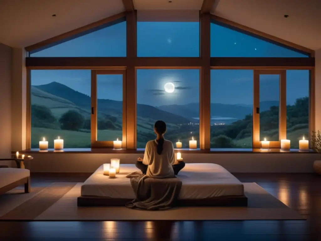 Una habitación serena iluminada suavemente con una gran ventana que da a un apacible paisaje iluminado por la luna