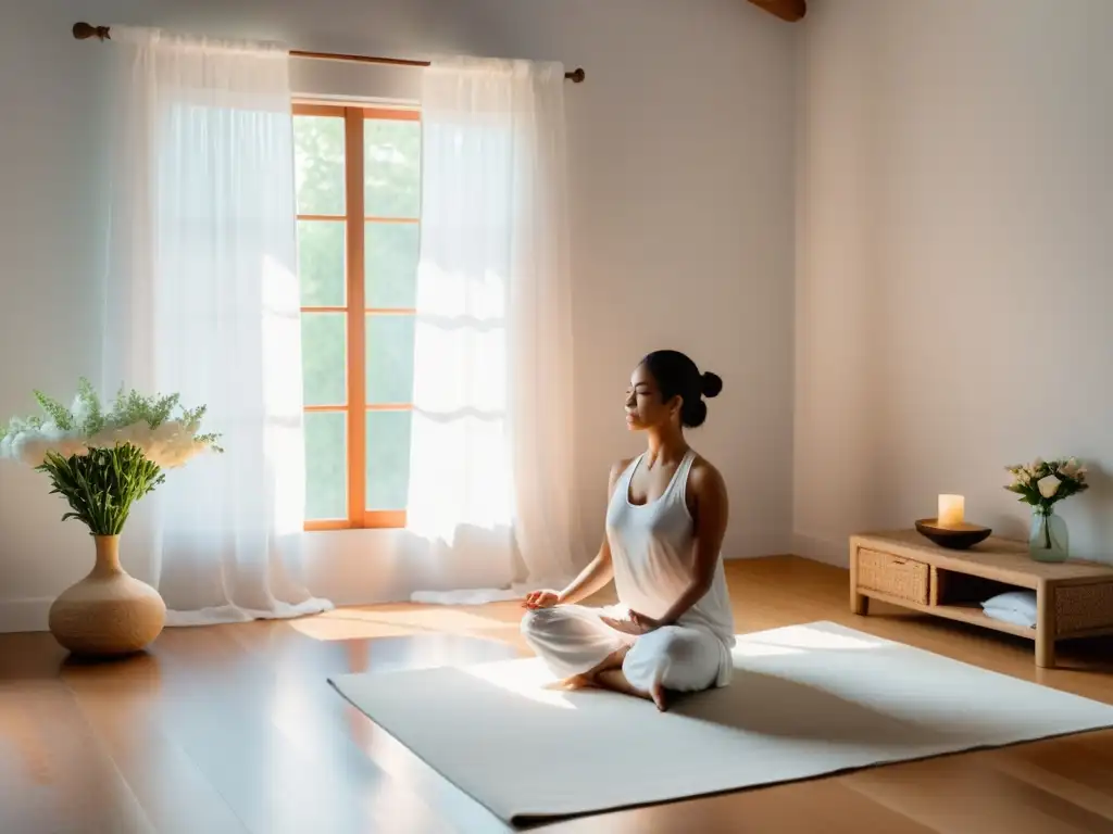 Una habitación serena con luz natural suave que entra por cortinas vaporosas