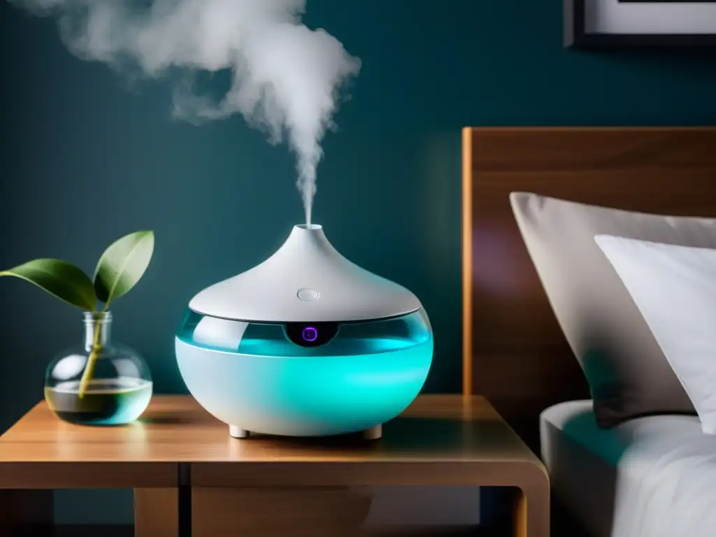 Una habitación serena con un moderno humidificador, emitiendo un suave vapor para crear un ambiente calmado