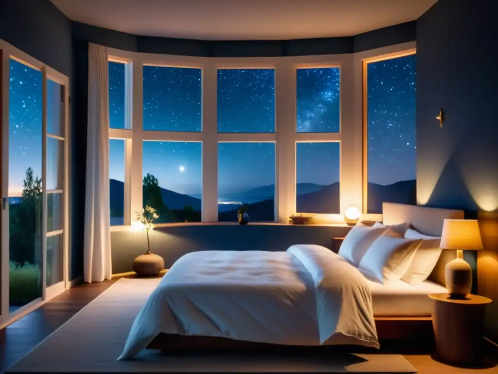 Una habitación serena en la noche con prácticas de respiración para dormir, cálida iluminación y ambiente tranquilo