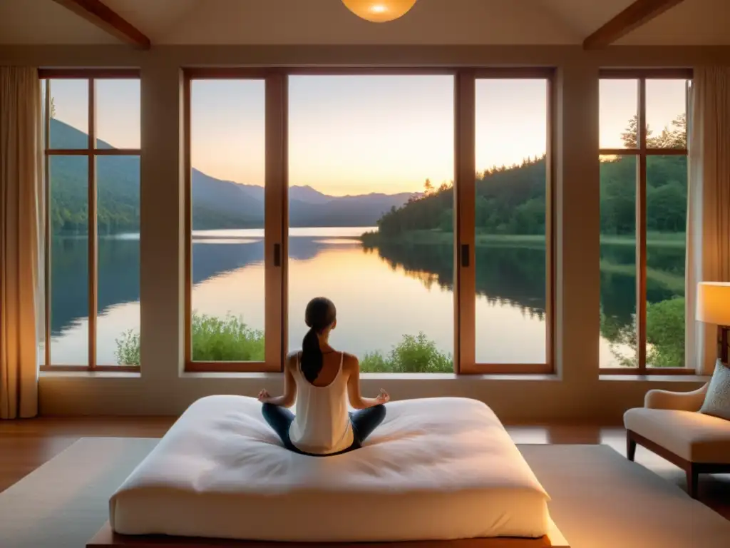 Una habitación serena con vista al lago al atardecer