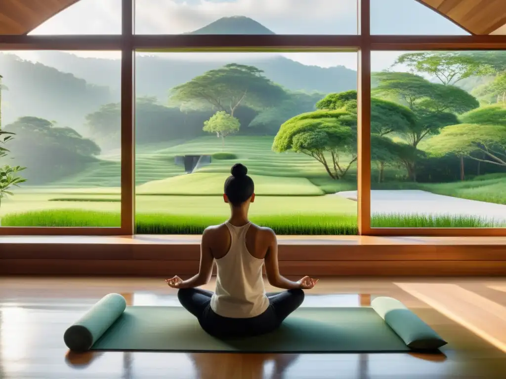 Una habitación de meditación con vista a un paisaje verde, decorada con minimalismo y una persona practicando meditación Vipassana