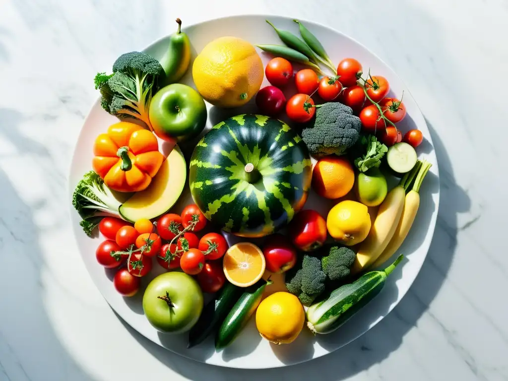 Una hermosa composición circular de frutas y verduras frescas sobre un elegante mostrador de mármol blanco, iluminada por luz natural