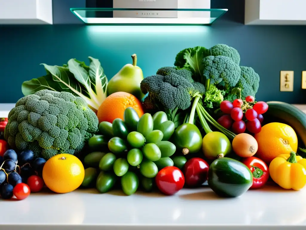 Una hermosa exhibición de alimentos frescos y coloridos en una cocina moderna, fomentando una dieta amigable para el asma