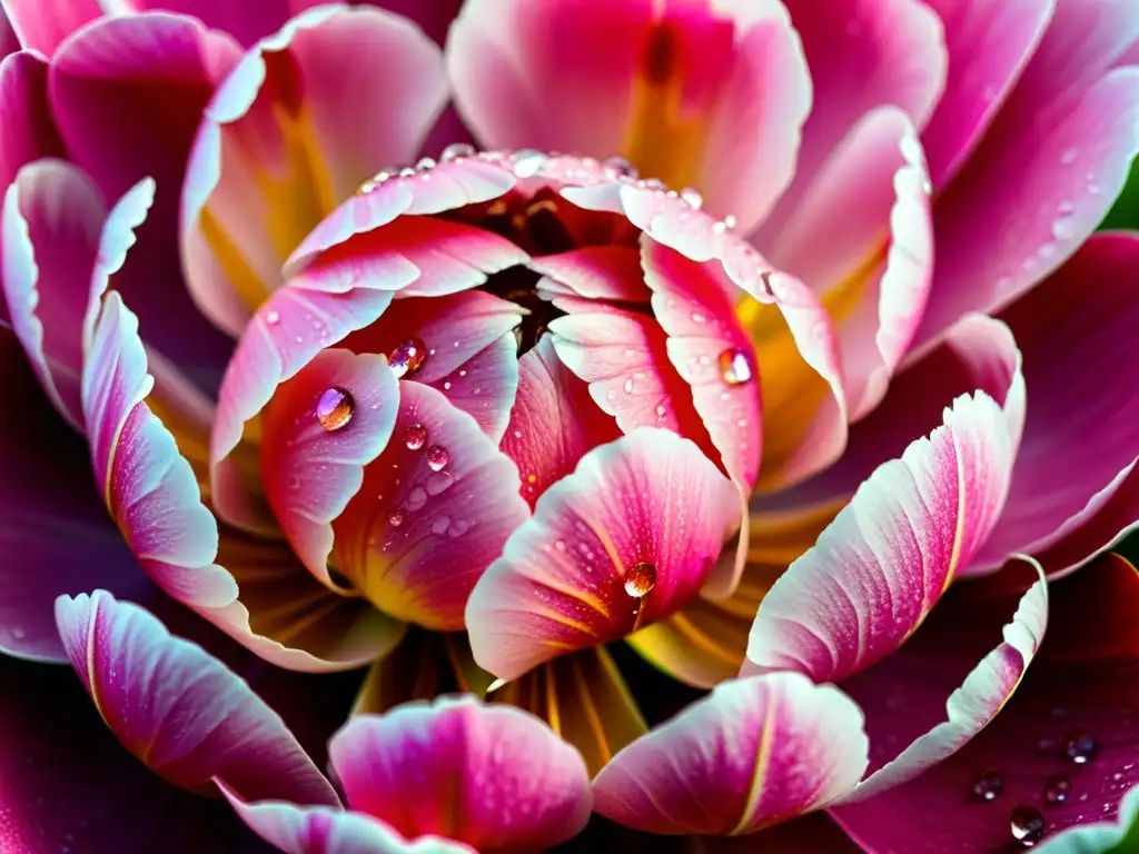 Una hermosa peonía rosa con rocío, refleja luz cálida