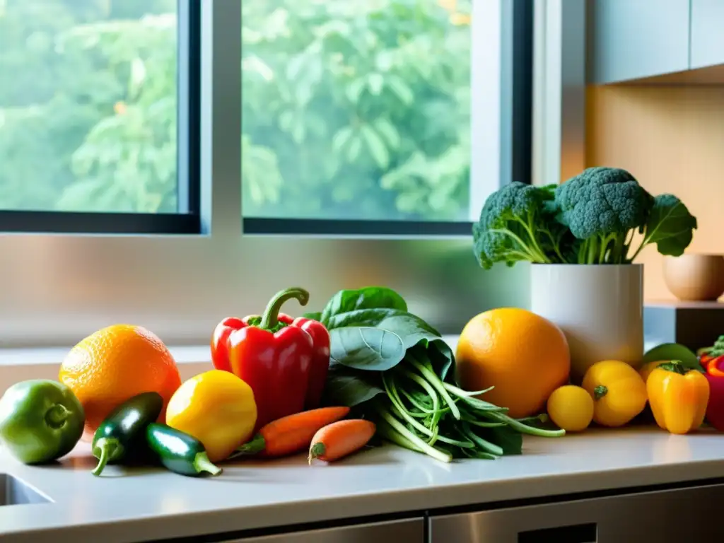 Una hermosa variedad de frutas y verduras coloridas sobre una encimera de cocina moderna