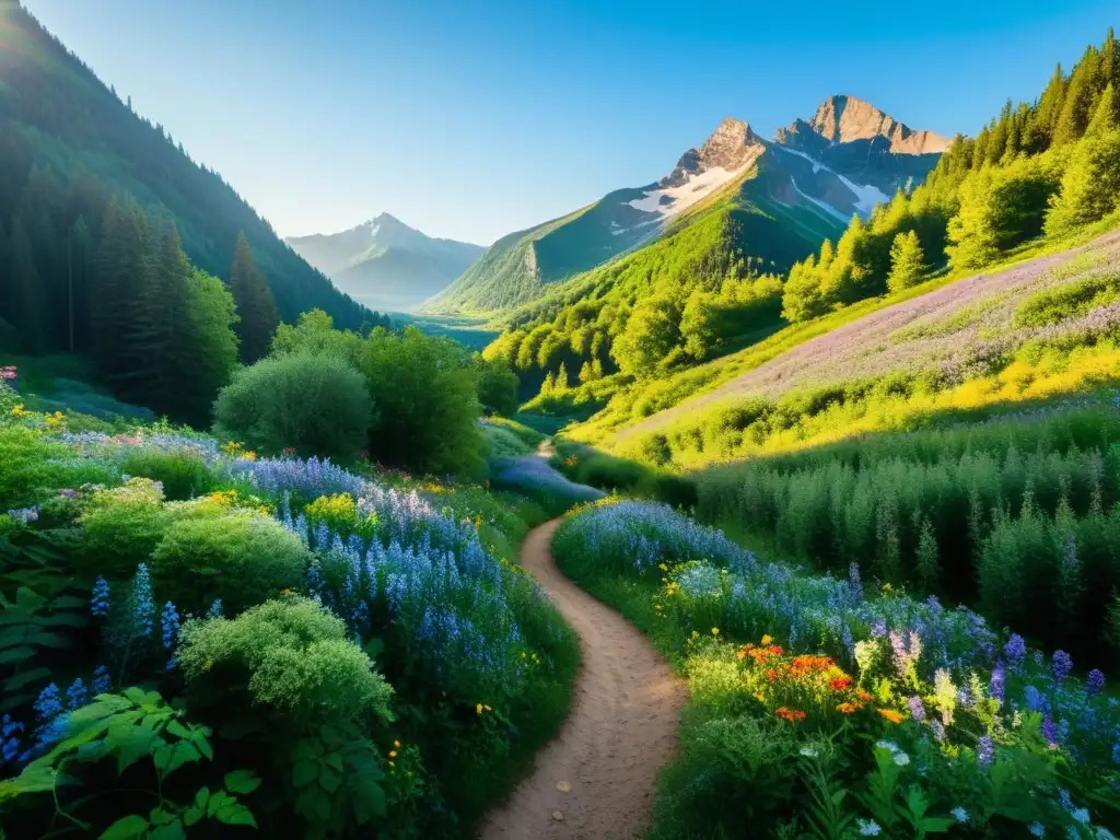 Un hermoso bosque verde con rayos de sol filtrándose entre las hojas, creando sombras