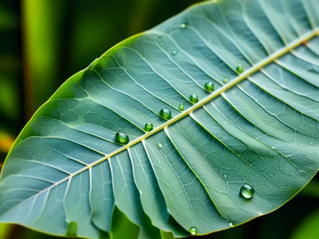 Una hoja de eucalipto verde vibrante con gotas de agua, iluminada por luz natural