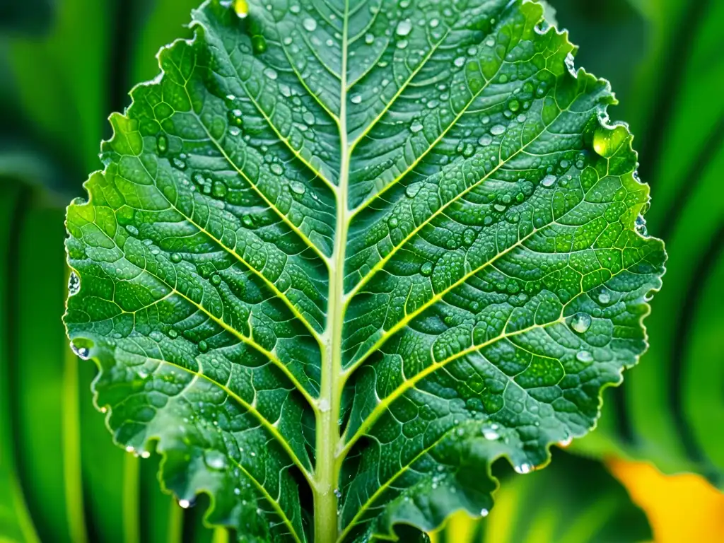 Una hoja de col rizada fresca, vibrante y llena de gotas de agua, iluminada por una suave luz natural