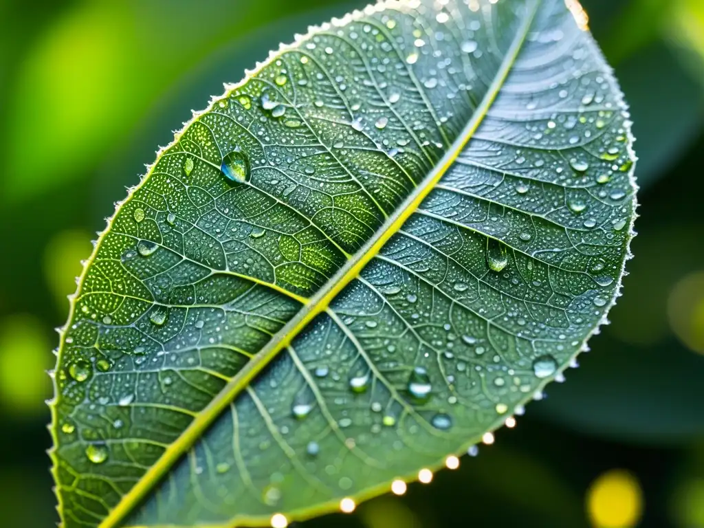 Una hoja verde vibrante cubierta de diminutas gotas de agua, con luz solar filtrándose a través, creando patrones de sombra