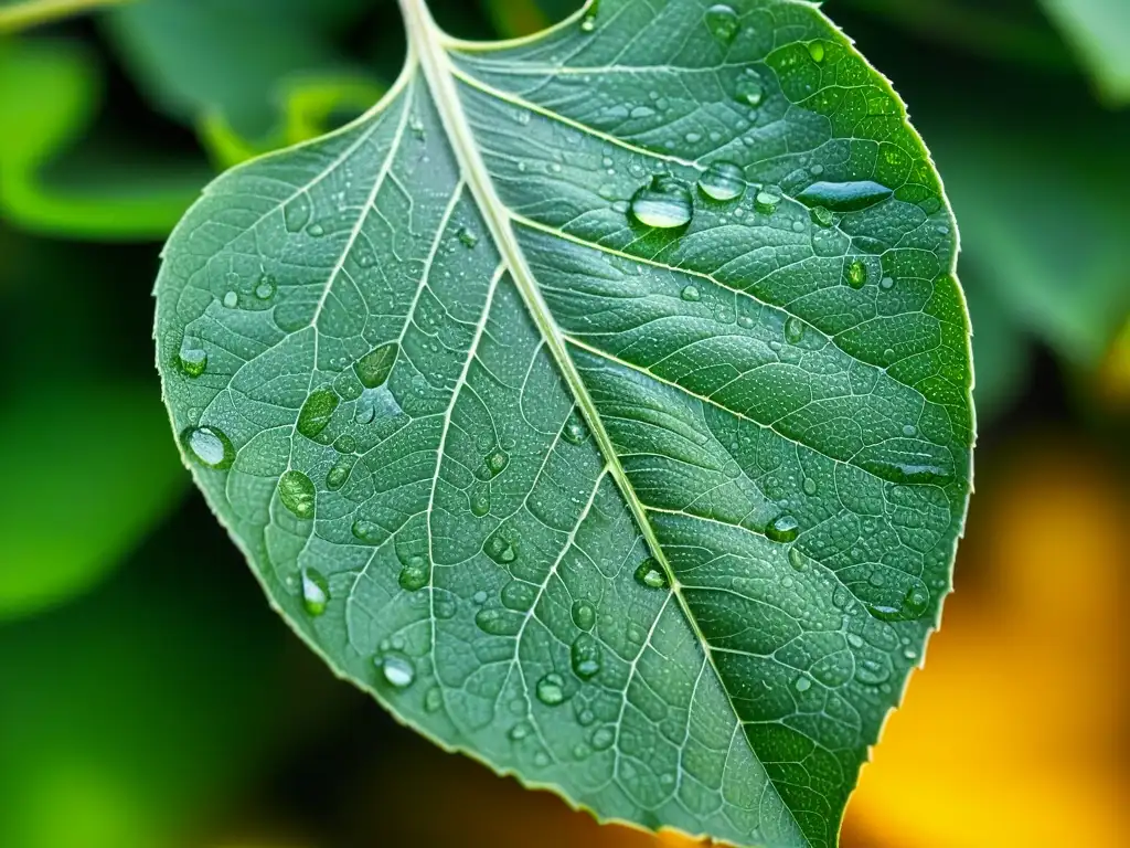 Una hoja verde vibrante con delicadas venas y gotas de agua