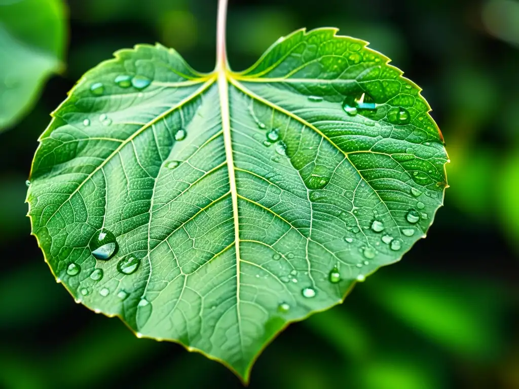 Una hoja verde vibrante con gotas de agua brillantes, clorofila resaltada por la luz solar